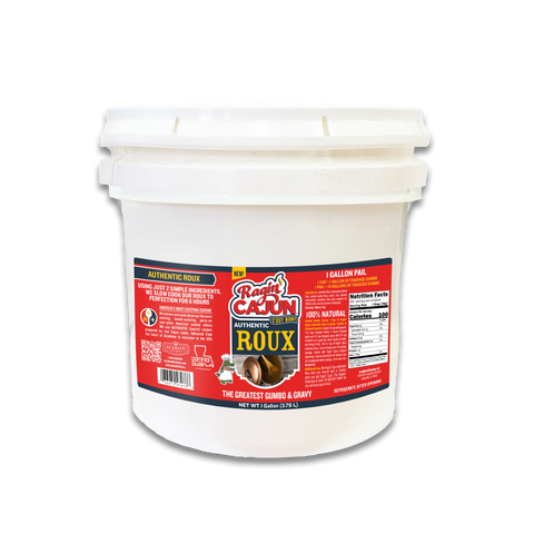 Product photo of a Ragin' Cajun white 1-gallon pail of Authentic Roux from Acadiana Kitchens in Lafayette, Louisiana, featuring a red and yellow label with an alligator chef, the Louisiana state outline, and a depiction of dark brown roux in a pot