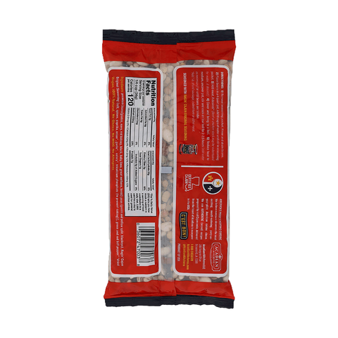 A red and clear plastic bag of Acadian Kitchens Ragin' Cajun Original Seasoning beans, showcasing a variety of dried pinto, navy, and kidney beans, with a prominent Certified Cajun logo and a visible Nutrition Facts label indicating 120 calories per serving