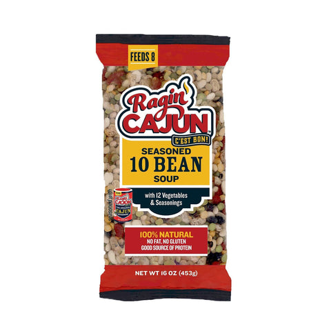 Product photography of a Ragin' Cajun Seasoned 10 Bean Soup mix bag showcasing a colorful medley of beans and vegetables, with its prominent red and yellow logo and text highlighting Feeds 8 and 100% Natural No Fat No Gluten