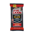 Product packaging Ragin' Cajun Seasoned Black Beans bag with a prominent red and black design featuring a yellow flame logo a Feeds 8 banner and the 100% Natural declaration