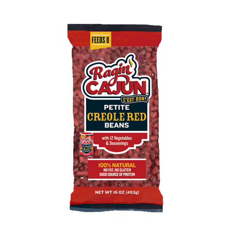 Product photography of Ragin' Cajun Petite Creole Red Beans in a vibrant red and black package with visible dark red beans, featuring 'Feeds 8' and 'C'est Bon!' slogans, and labeled '100% Natural, No Fat, No Gluten'