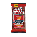 Product photography of Ragin' Cajun Seasoned Red Beans in a clear and red package with a 'Feeds 8' label a fiery logo proclaiming 'C'EST BON!' and text highlighting '100% NATURAL' and '12 Vegetables & Seasonings'