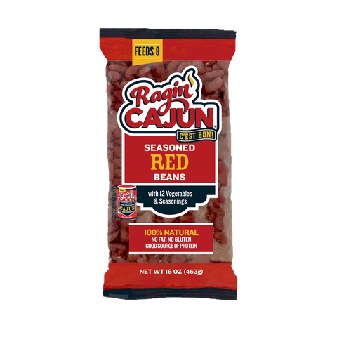 Product photography of Ragin' Cajun Seasoned Red Beans in a clear and red package with a 'Feeds 8' label a fiery logo proclaiming 'C'EST BON!' and text highlighting '100% NATURAL' and '12 Vegetables & Seasonings'