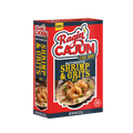 Product packaging Ragin' Cajun Authentic Shrimp & Grits Mix box predominantly red and dark blue showcasing a 'C'est Bon!' logo a mouth-watering image of creamy shrimp and grits with bacon and herbs plus banners indicating 'Feeds 5' and 'Ready in 25 Minutes'