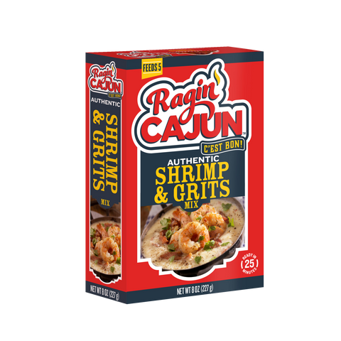 Product packaging Ragin' Cajun Authentic Shrimp & Grits Mix box predominantly red and dark blue showcasing a 'C'est Bon!' logo a mouth-watering image of creamy shrimp and grits with bacon and herbs plus banners indicating 'Feeds 5' and 'Ready in 25 Minutes'