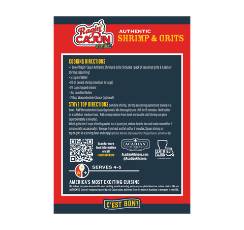 Ragin' Cajun brand food packaging for Authentic Shrimp & Grits features a vibrant red and dark blue design, bold yellow product title, detailed cooking directions, and the iconic Certified Cajun Louisiana outline logo