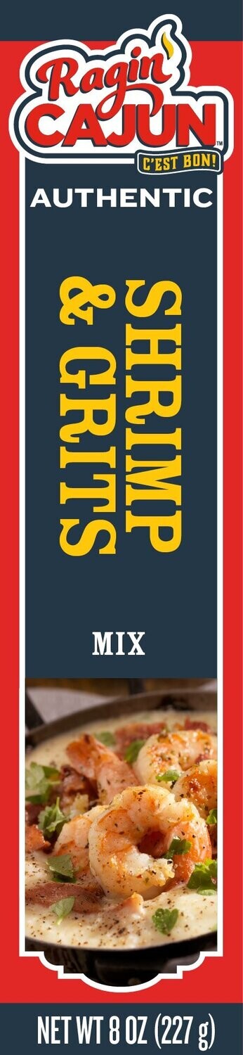 Product Label by Ragin' Cajun, Authentic Shrimp & Grits Mix packaging with a bold red, dark blue, and yellow design featuring the "Ragin' Cajun C'est Bon!" logo, and a delicious close-up image of creamy shrimp and grits garnished with crispy bacon and fresh green herbs