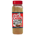Product photography of a Ragin' Cajun Sizzlin' Steak Seasoning & Rub bottle, a clear plastic container with a red flip-top cap and a bold red label featuring "Ragin' Cajun" in stylized script, a yellow "C'EST BON!" speech bubble, and an image of a cooked steak and lobster tail
