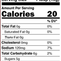 A digital nutrition facts label details 121 servings per container a serving size of 1 tbsp 20 calories and 5 grams of total sugars