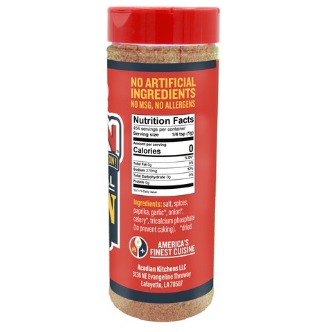 Product photography of an Acadian Kitchens LLC seasoning blend bottle with a red shaker cap and a red label prominently displaying NO ARTIFICIAL INGREDIENTS and AMERICA'S FINEST CUISINE with a gold fleur-de-lis icon from Lafayette Louisiana