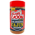 Product photo of a Ragin' Cajun Seasoning clear jar featuring a bright red resealable cap, a bold red and dark blue label with "Ragin' Cajun C'est Bon!" and "New Resealable Container" text, and the visible reddish-brown spice blend inside