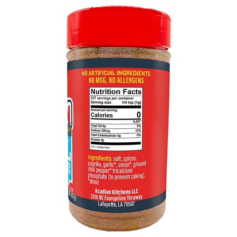 A clear plastic bottle of Acadian Kitchens seasoning from Lafayette Louisiana featuring a vibrant red lid, visible granular spices, and a label prominently stating No Artificial Ingredients No MSG No Allergens