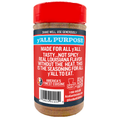 A clear plastic bottle of Acadian Kitchens Y'ALL PURPOSE seasoning, a Certified Cajun product with real Louisiana flavor that is tasty but not spicy, featuring a vibrant red cap a blue and red label with the state outline and a barcode