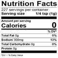 Nutrition Facts label showing 0 calories, 300mg sodium at 13% daily value, 227 servings per container, and a 1/4 teaspoon serving size