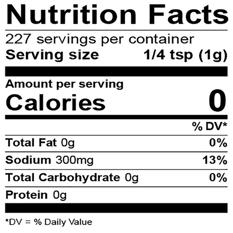 Nutrition Facts label showing 0 calories, 300mg sodium at 13% daily value, 227 servings per container, and a 1/4 teaspoon serving size