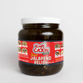 A large clear glass jar of Ragin' Cajun Sweet Jalapeño Relish with a vibrant red label on a white background, showcasing the "C'est Bon!" logo, chunky dark green relish, and images suggesting use with hot dogs and tacos
