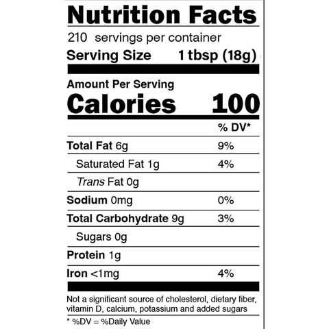 Product label detailing Nutrition Facts showing 100 calories, 6g total fat, and 0g sugars per 1 tablespoon serving