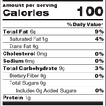 Digital graphic of a standard nutrition facts label detailing 100 calories, 6g total fat, 9g total carbohydrate, and 1g protein per serving, with 0g added sugars and 0mg sodium
