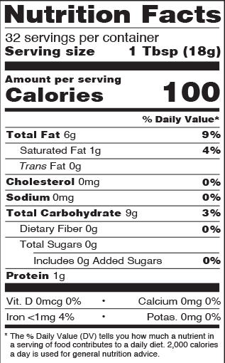 Digital graphic of a standard nutrition facts label detailing 100 calories, 6g total fat, 9g total carbohydrate, and 1g protein per serving, with 0g added sugars and 0mg sodium