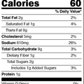 A standard printed nutrition label featuring 60 calories per serving, 610mg sodium, and a distinctive dark brown vertical border