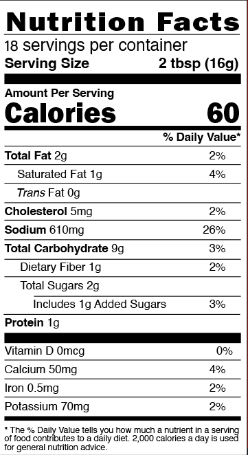 A standard printed nutrition label featuring 60 calories per serving, 610mg sodium, and a distinctive dark brown vertical border