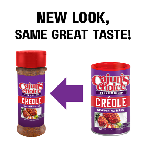Comparison of Cajun's Choice Creole seasoning bottle and can with text 'New look, same great taste!'.