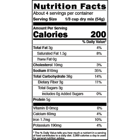 Digital photograph of a standard black and white Nutrition Facts label from food packaging, detailing 200 calories, 810mg sodium, and 5g protein per 1/3 cup dry mix serving