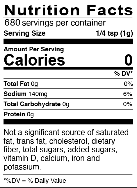 Product label for Nutrition Facts showing 0 calories, 140mg sodium, and 680 servings per container