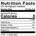 Standard Nutrition Facts label graphic with bold black text on white background and a red top border showing 0 calories per serving 140mg sodium and 227 servings per container