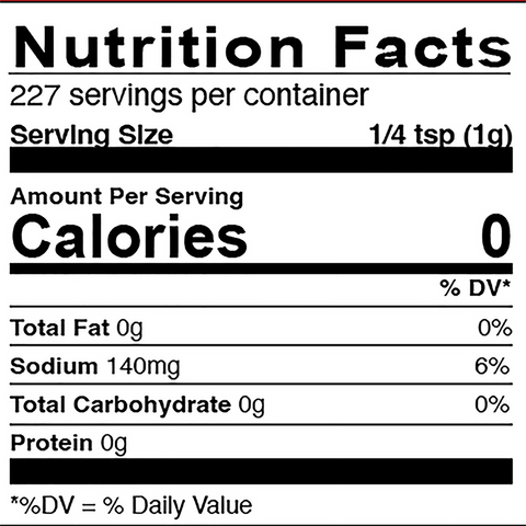 Standard Nutrition Facts label graphic with bold black text on white background and a red top border showing 0 calories per serving 140mg sodium and 227 servings per container