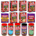 Commercial product photography displaying a vibrant assortment of Ragin' Cajun and Cajun's Choice meal mixes and seasonings, prominently featuring red boxes for Jambalaya and Gumbo, purple pouches for Shrimp and Jambalaya, and jars for Blackened and Chicken & Gator seasonings