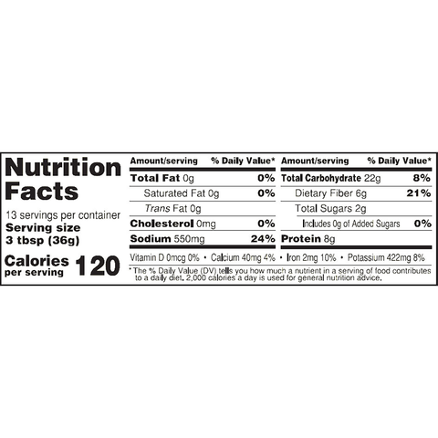 A standard black and white Nutrition Facts label detailing 13 servings per container, 120 calories per serving, 0g total fat, 550mg sodium (24% daily value), and 8g protein