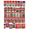 A comprehensive collection of Ragin' Cajun and Cajun's Choice food products featuring various red, green, and yellow labeled seasonings, jarred rouxs and relishes, and boxed mixes for gumbo, jambalaya, and chili, displayed on a clean white background