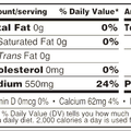 Nutrition Facts label detailing 13 servings per container 120 calories per serving 0g total fat 0g total sugars and 550mg sodium at 24% daily value