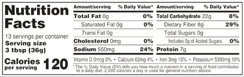 Nutrition Facts label detailing 13 servings per container 120 calories per serving 0g total fat 0g total sugars and 550mg sodium at 24% daily value