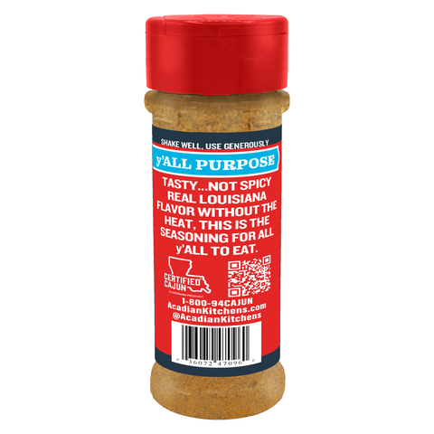 Acadian Kitchens Y'ALL PURPOSE seasoning bottle with a red cap, red and blue label stating 'Tasty...not spicy Real Louisiana Flavor', a Certified Cajun seal with the Louisiana state outline, barcode, and QR code