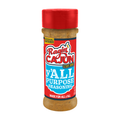 Product photo of Ragin' Cajun Y'all Purpose Seasoning in a clear plastic bottle with a vibrant red flip-top cap and a red and blue label featuring the brand name in bold white and red text with a yellow C'est Bon! detail and a yellow New Resealable Container sticker