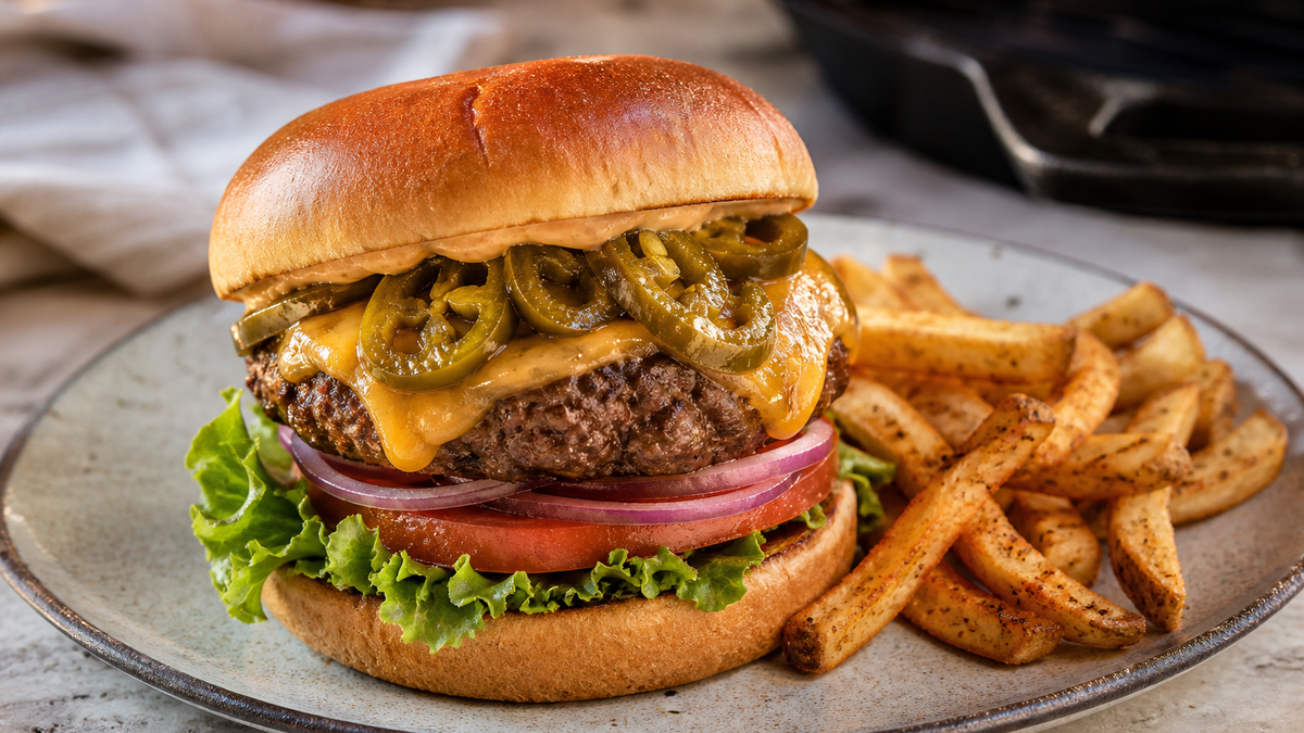 Fully cooked Cajun cheeseburger topped with glossy jalapeño slices and served with fries