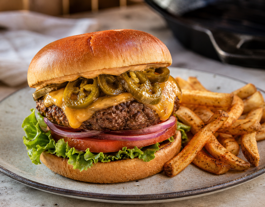 Fully cooked Cajun cheeseburger topped with glossy jalapeño slices and served with fries