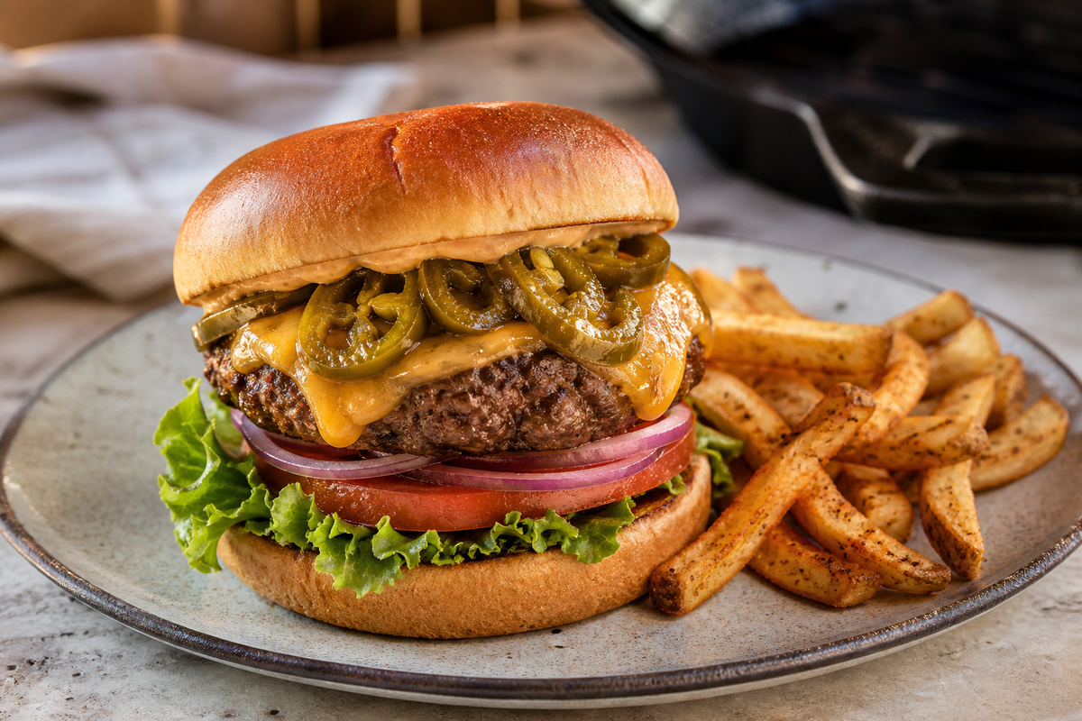 Fully cooked Cajun cheeseburger topped with glossy candied jalapeĂąo slices and served with fries