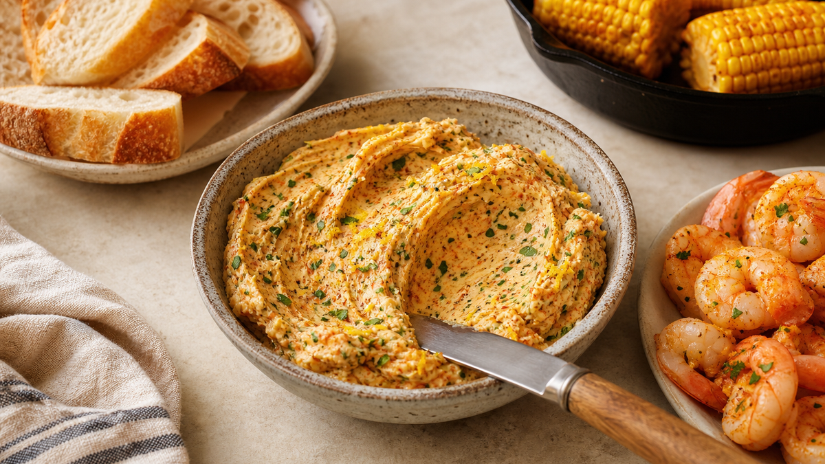 Whipped Cajun butter with bread, corn, lemon and cooked shrimp for serving
