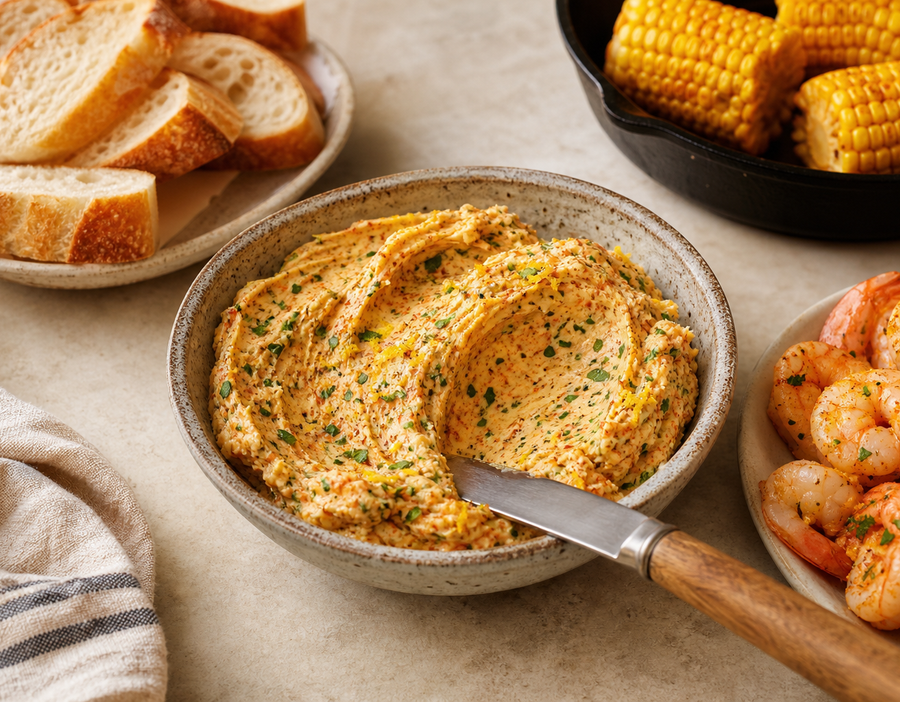Whipped Cajun butter with bread, corn, lemon and cooked shrimp for serving