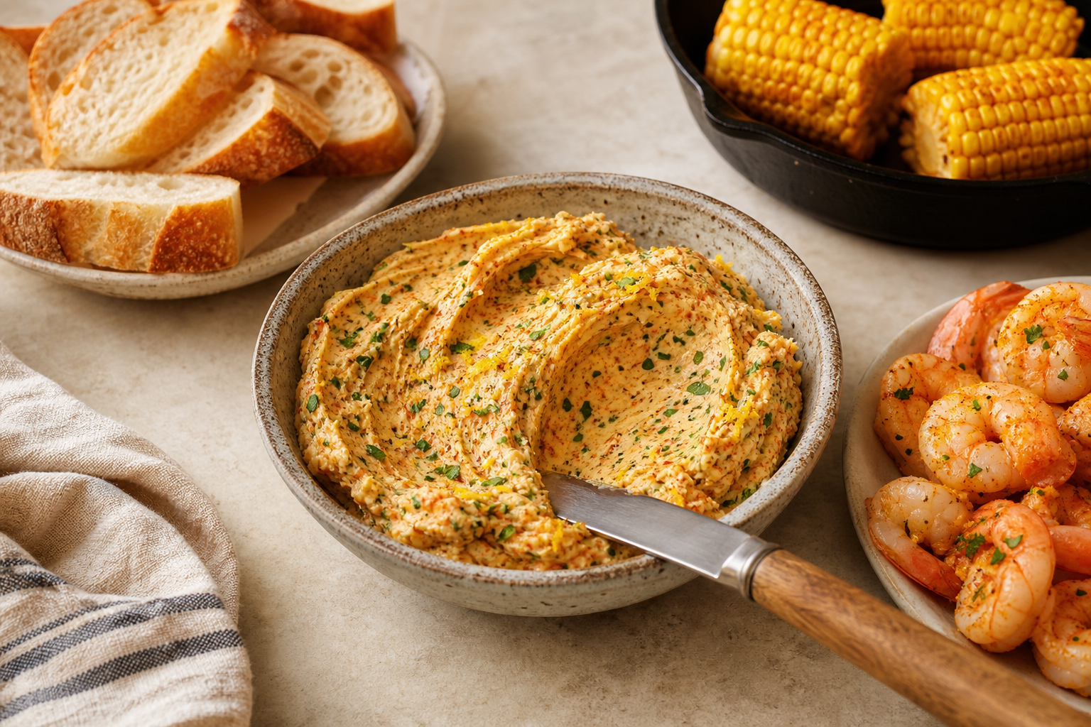 Whipped Cajun butter with bread, corn, lemon and cooked shrimp for serving
