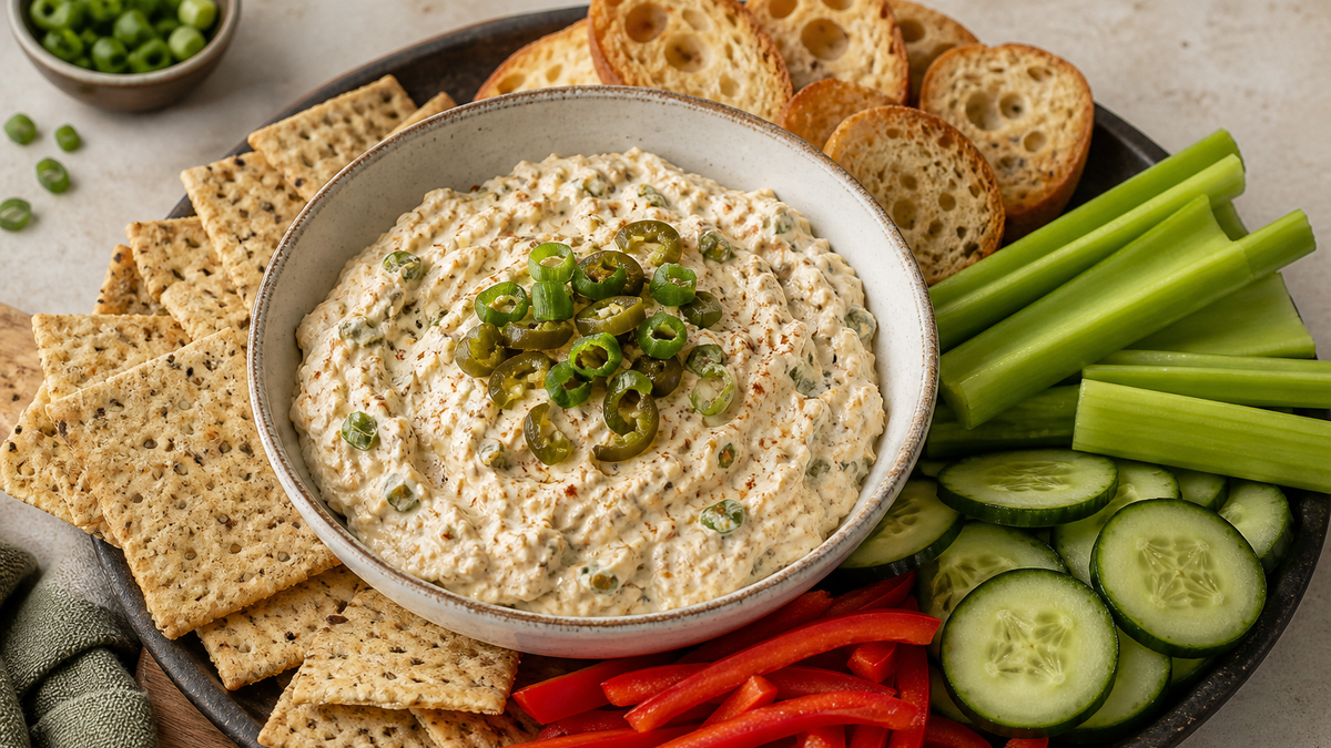 Creamy Cajun dip topped with sliced jalapeños and served with crackers and vegetables