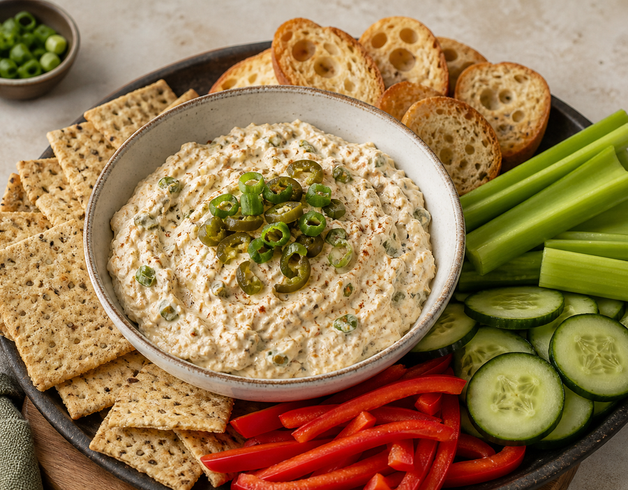 Creamy Cajun dip topped with sliced jalapeños and served with crackers and vegetables