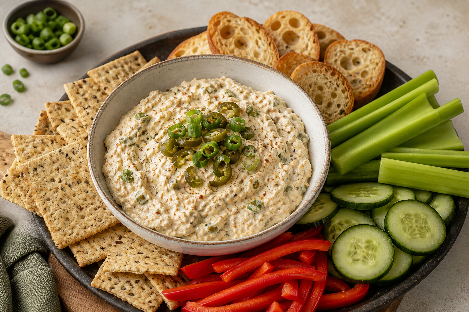 Creamy Cajun dip topped with sliced jalapeños and served with crackers and vegetables
