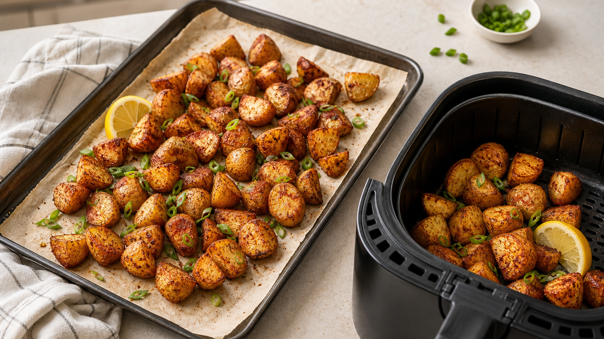 Cajun roasted potatoes shown on a sheet pan beside an air fryer basket