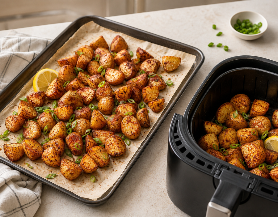 Cajun roasted potatoes shown on a sheet pan beside an air fryer basket