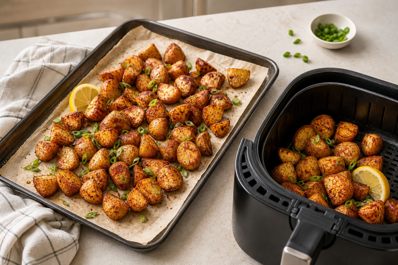 Cajun roasted potatoes shown on a sheet pan beside an air fryer basket