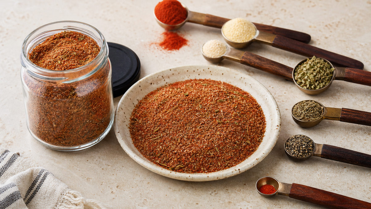Homemade Cajun seasoning in a small bowl with paprika, herbs and spices nearby